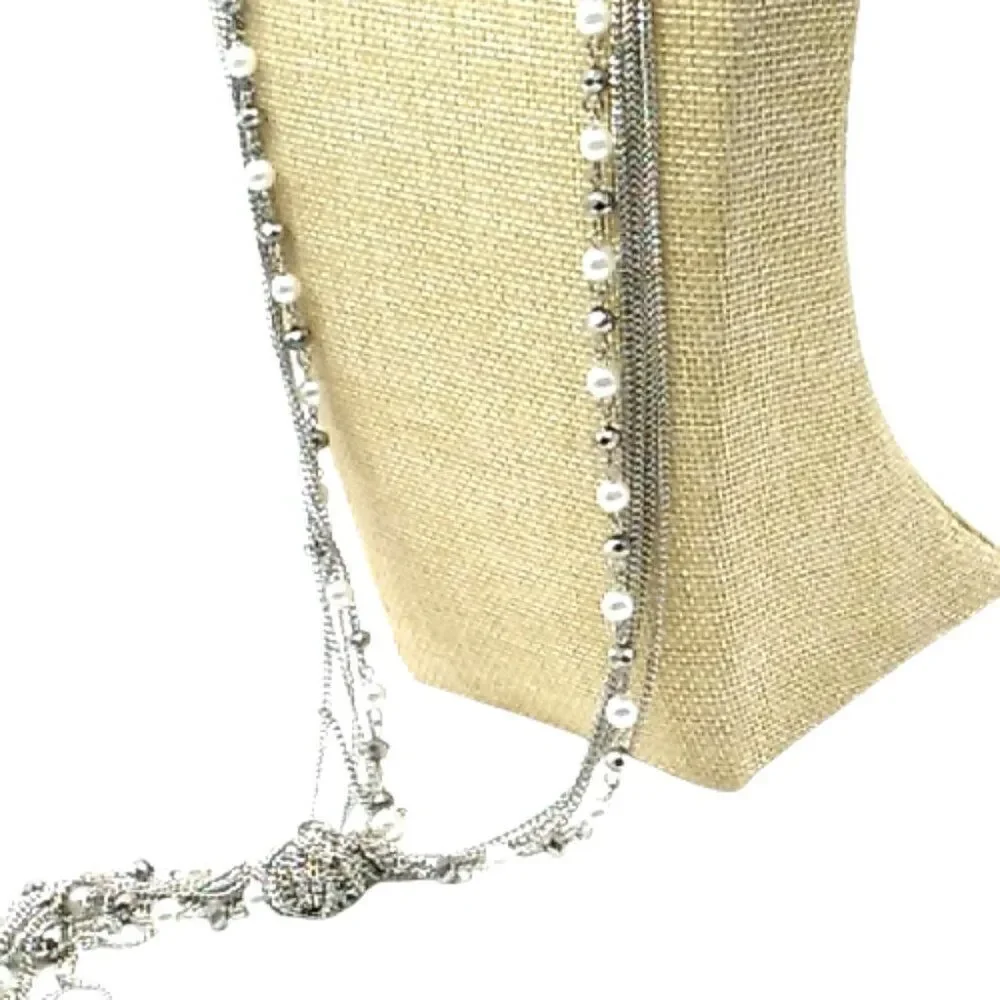 Faux Pearl Crystal Necklace Beaded Multi-Strand Layered Tassel Silver-tone Chain